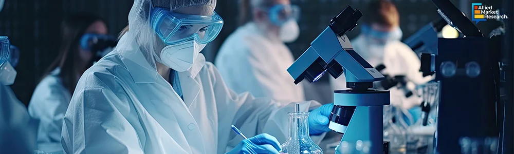 Scientists wearing lab coats and masks collaborating in a research facility