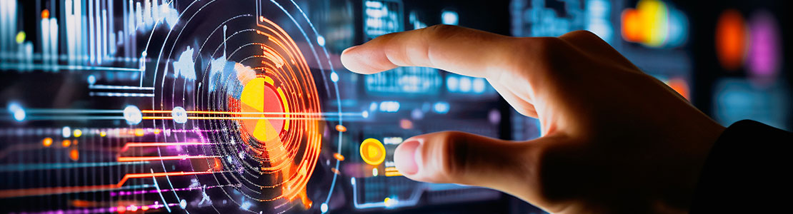Human hand interacting with future technology concept.
