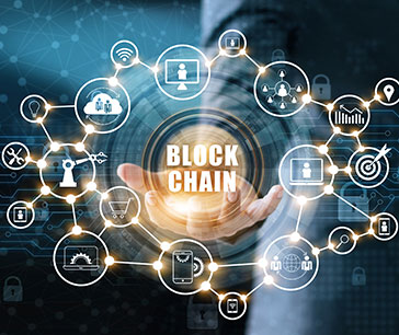 Person illustrating blockchain concept through visual representation